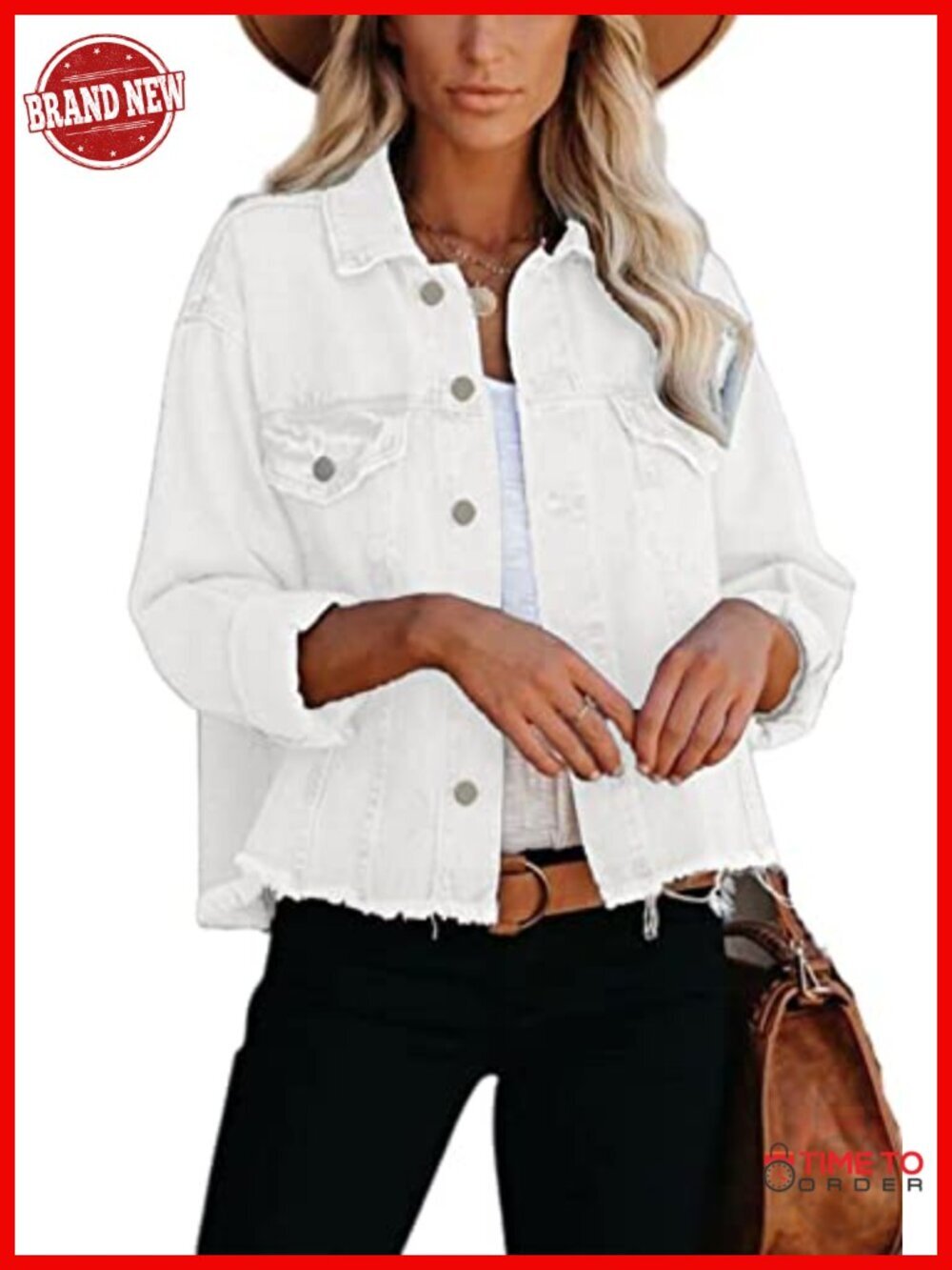 Women's Oversized Cropped Denim Jacket with Pockets Button Front